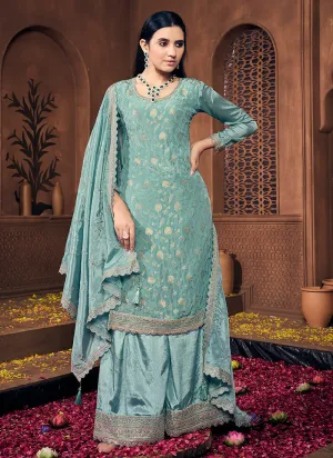 Turquoise Golden Embroidery Festive Palazzo Suit