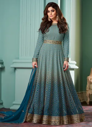 Turquoise Ombre Embroidered Bollywood Style Dress