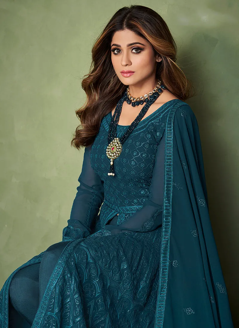 Turquoise Sequence Embroidered Georgette Slit Style Anarkali Suit