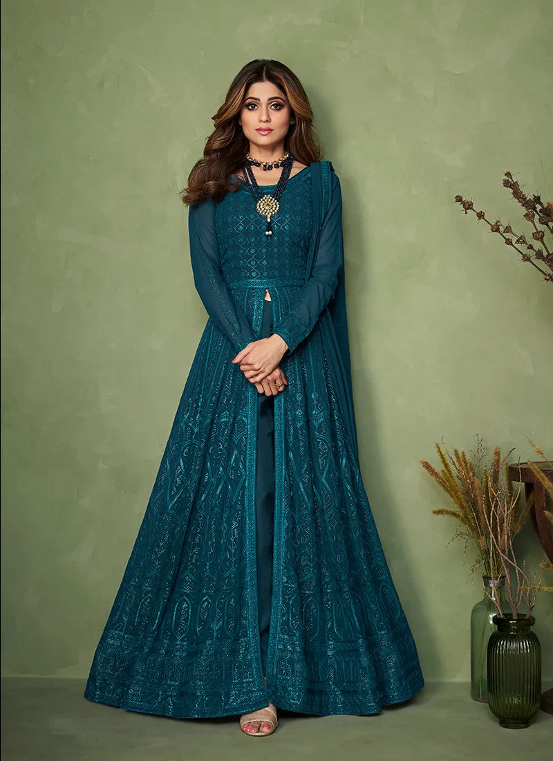 Turquoise Sequence Embroidered Georgette Slit Style Anarkali Suit