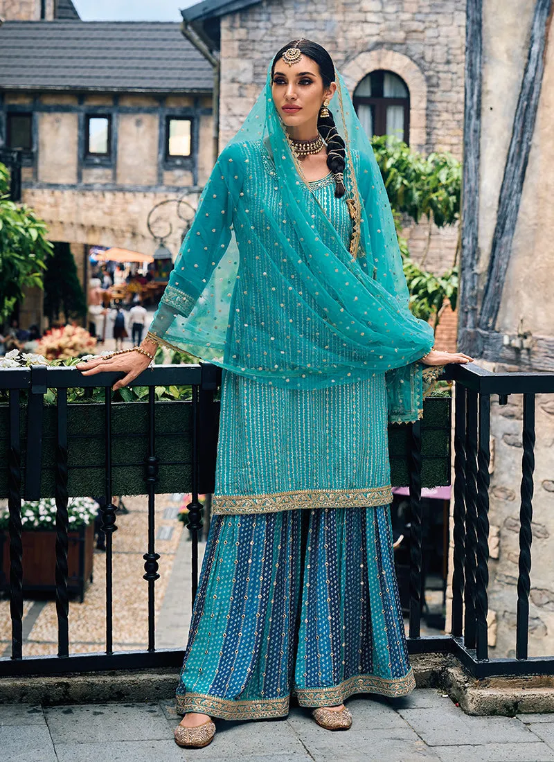 Turquoise Sequence Embroidery Festive Palazzo Suit