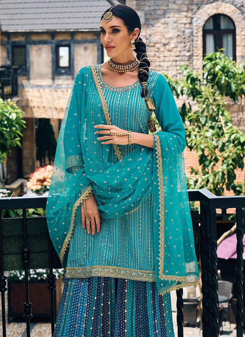 Turquoise Sequence Embroidery Festive Palazzo Suit