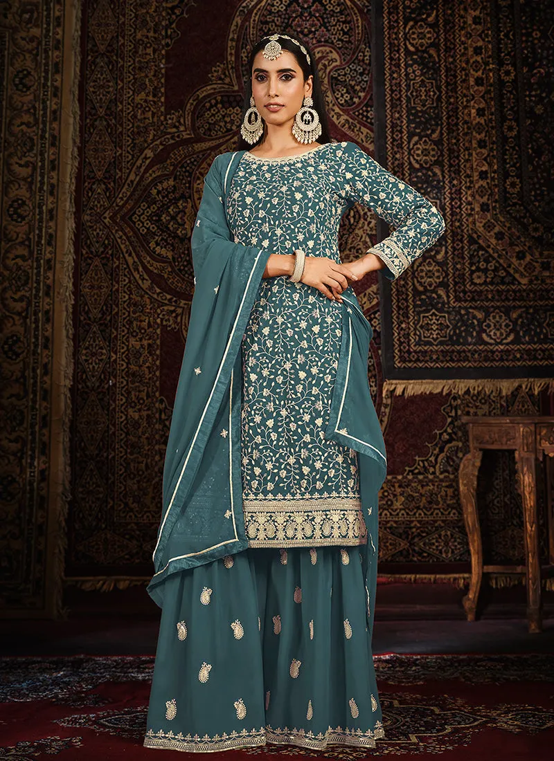 Turquoise Sequence Embroidery Traditional Gharara Suit