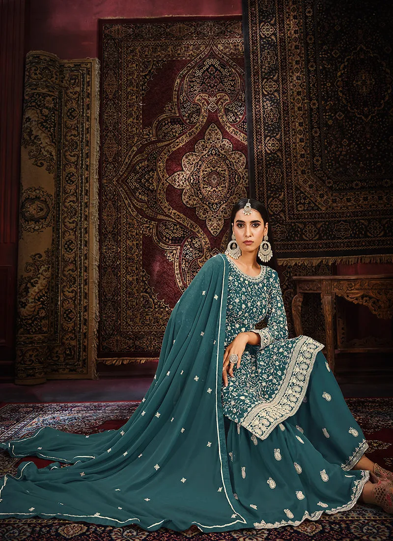 Turquoise Sequence Embroidery Traditional Gharara Suit