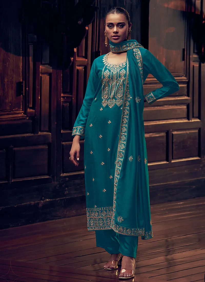 Turquoise Sequence Embroidery Traditional Palazzo Suit