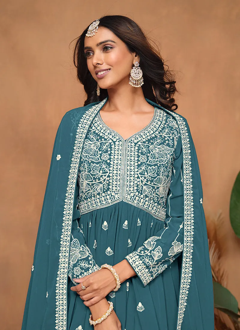 Turquoise Thread Embroidery Georgette Gharara Suit