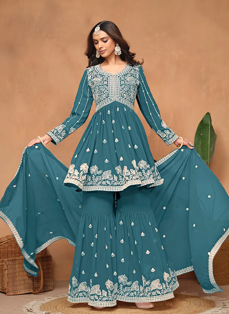 Turquoise Thread Embroidery Georgette Gharara Suit