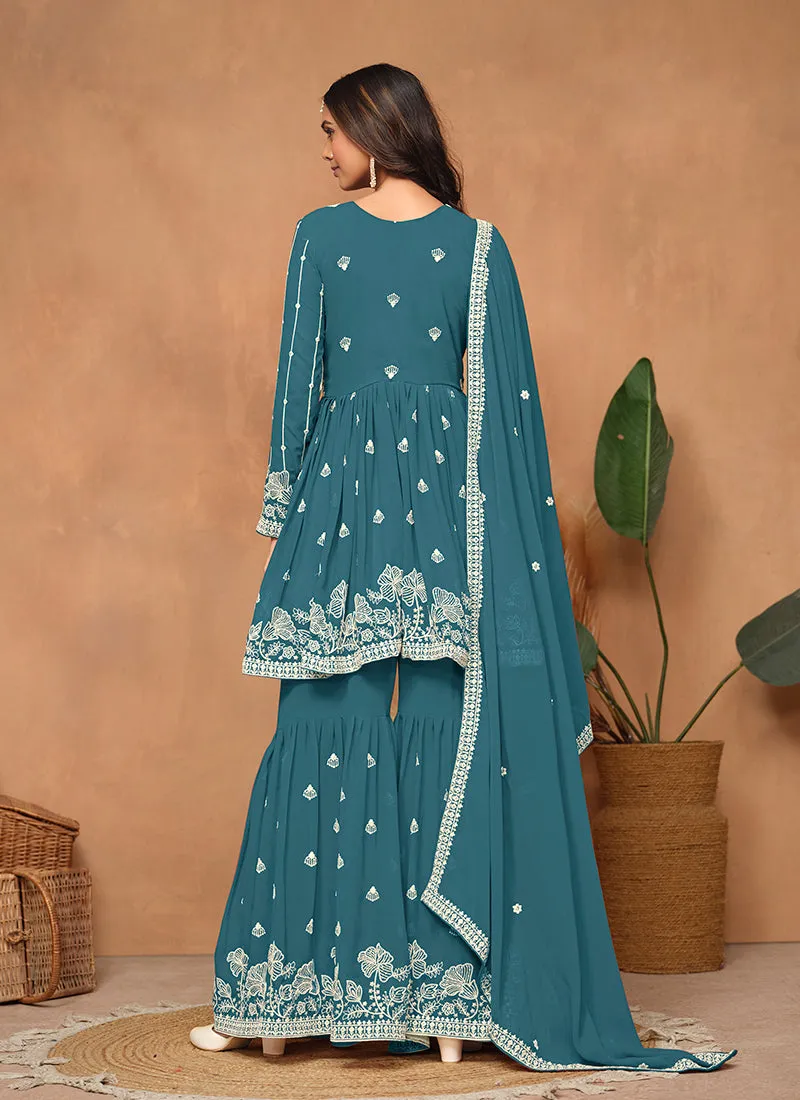 Turquoise Thread Embroidery Georgette Gharara Suit