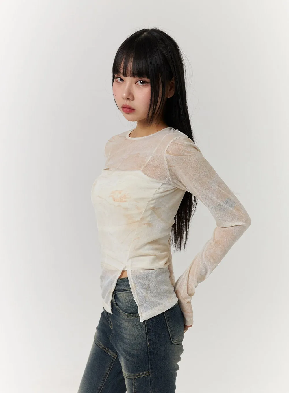 Unbalanced Slit Sheer Long Sleeve Tee CJ405