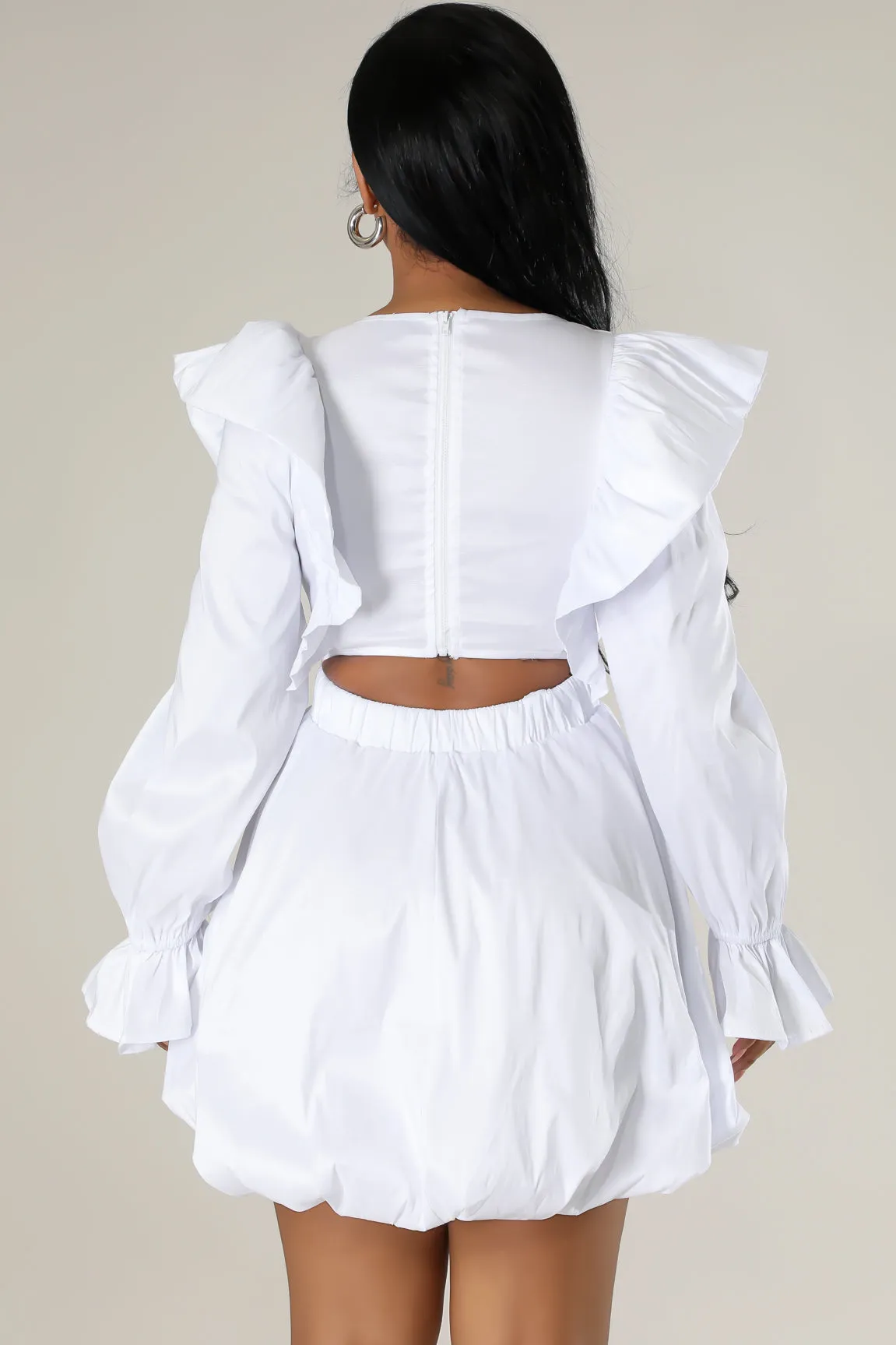 V-NECK FLUTTER SLEEVE BUBBLE MINI DRESS (WHITE)