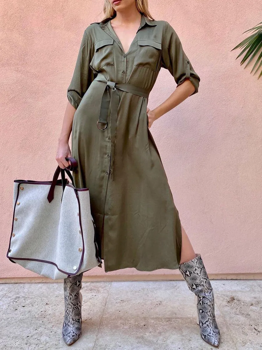 V-neck Solid Color Button Shirt Dress