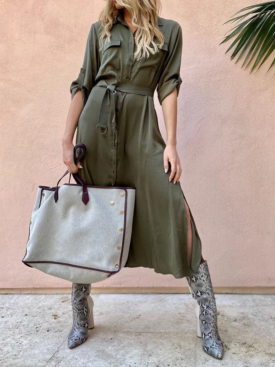 V-neck Solid Color Button Shirt Dress