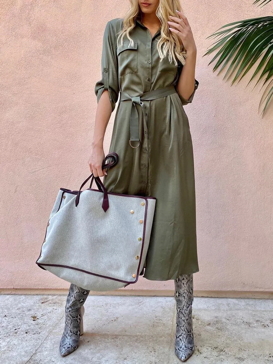 V-neck Solid Color Button Shirt Dress