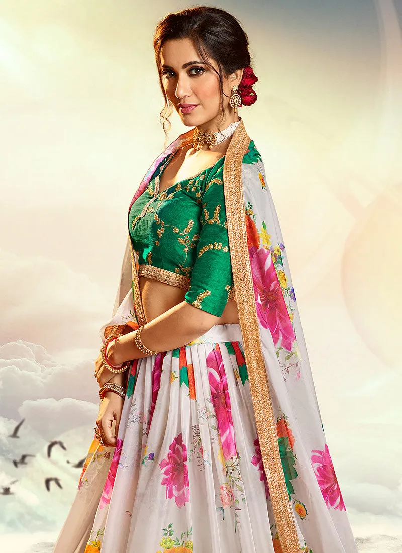 White And Green Floral Printed Lehenga Choli