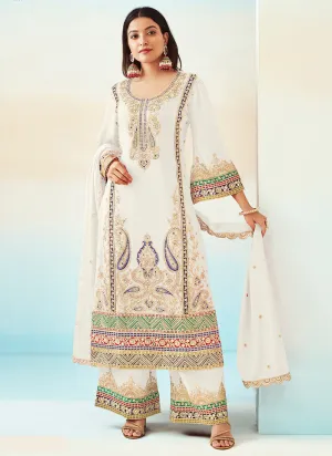 White Embroidered Traditional Palazzo Style Salwar Suit