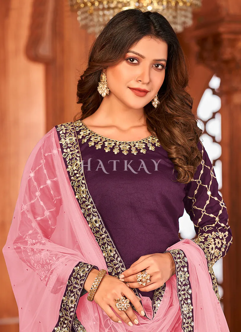 Wine And Pink Mirror Work Embroidery Patiala Suit