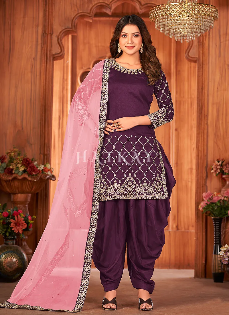 Wine And Pink Mirror Work Embroidery Patiala Suit