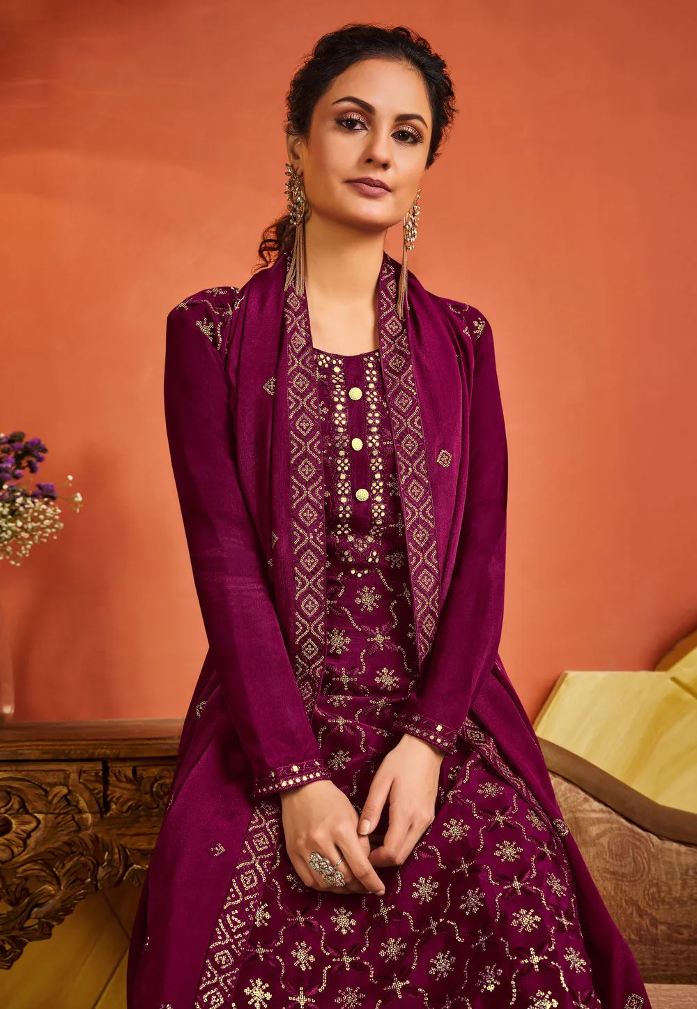 Wine Embroidered Pakistani Palazzo Suit