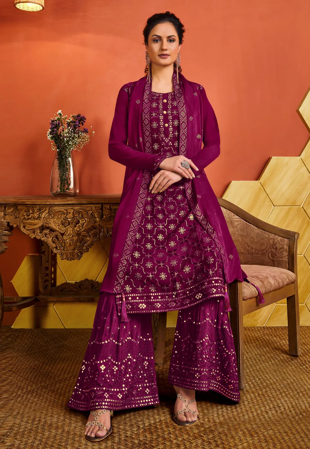 Wine Embroidered Pakistani Palazzo Suit