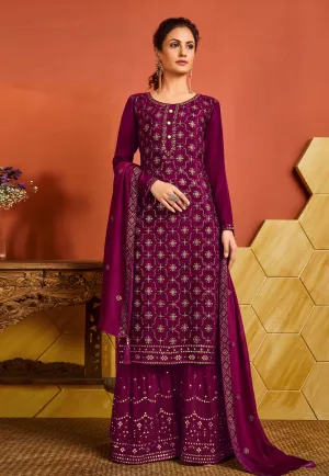 Wine Embroidered Pakistani Palazzo Suit