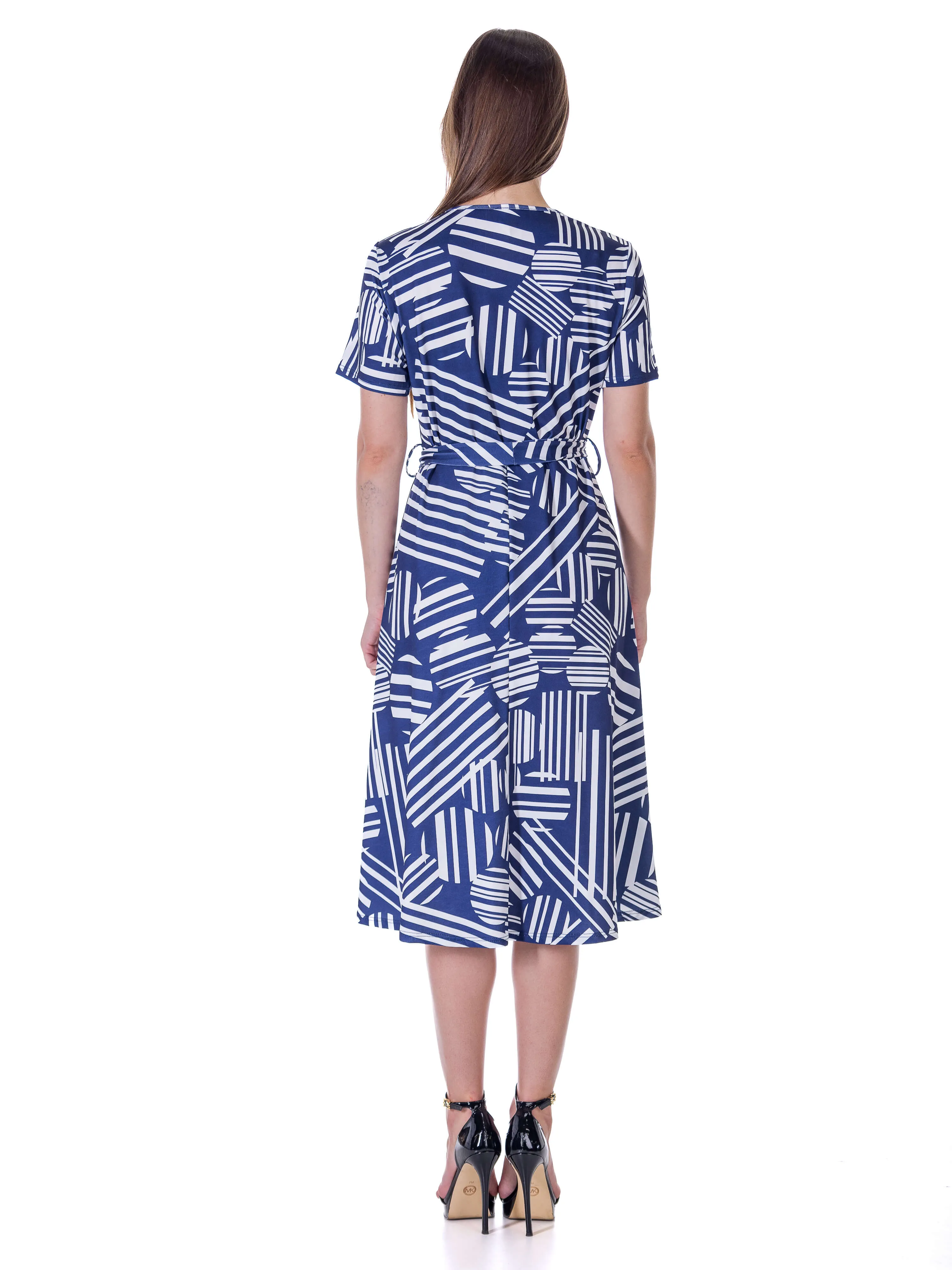 Womens Navy and White Short Sleeve Tie Waist Midi Dress