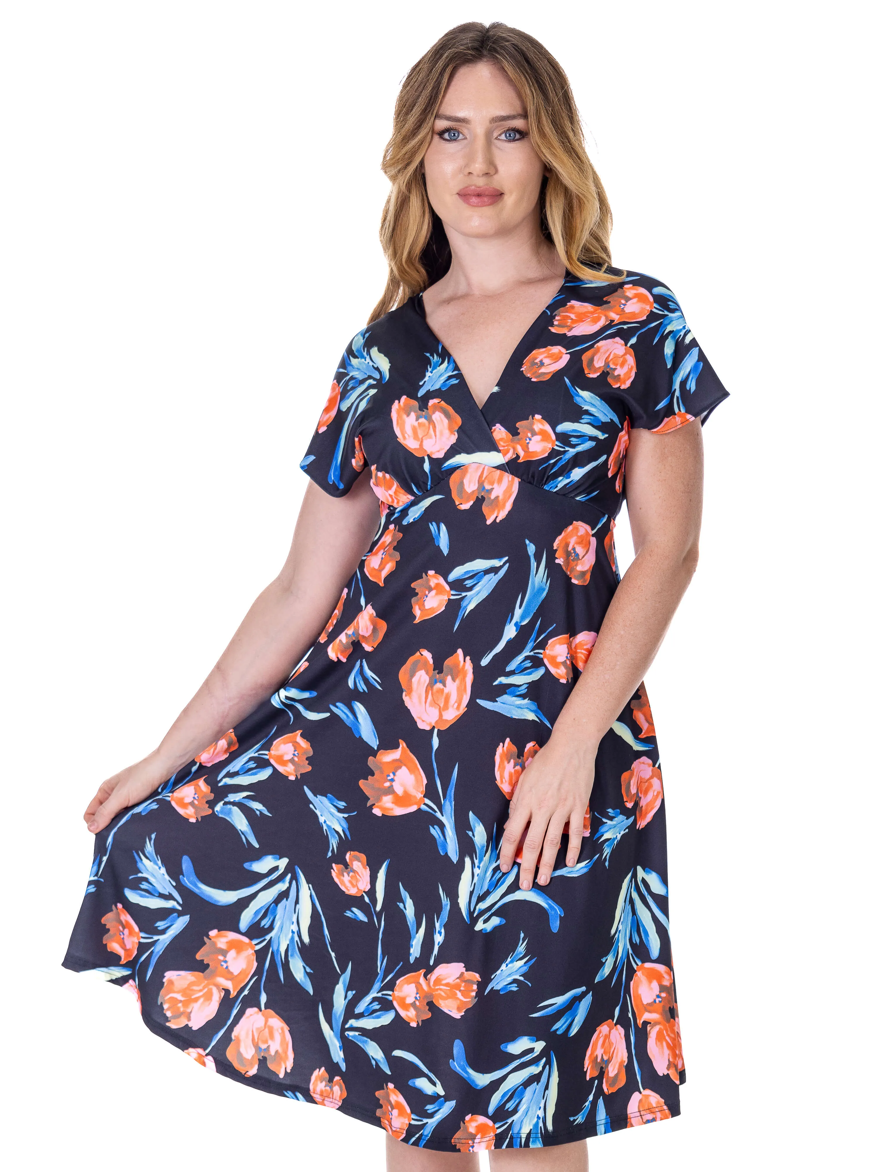 Womens Tulip Print V Neck Empire Waist Kimono Cap Sleeve Knee Length Dress