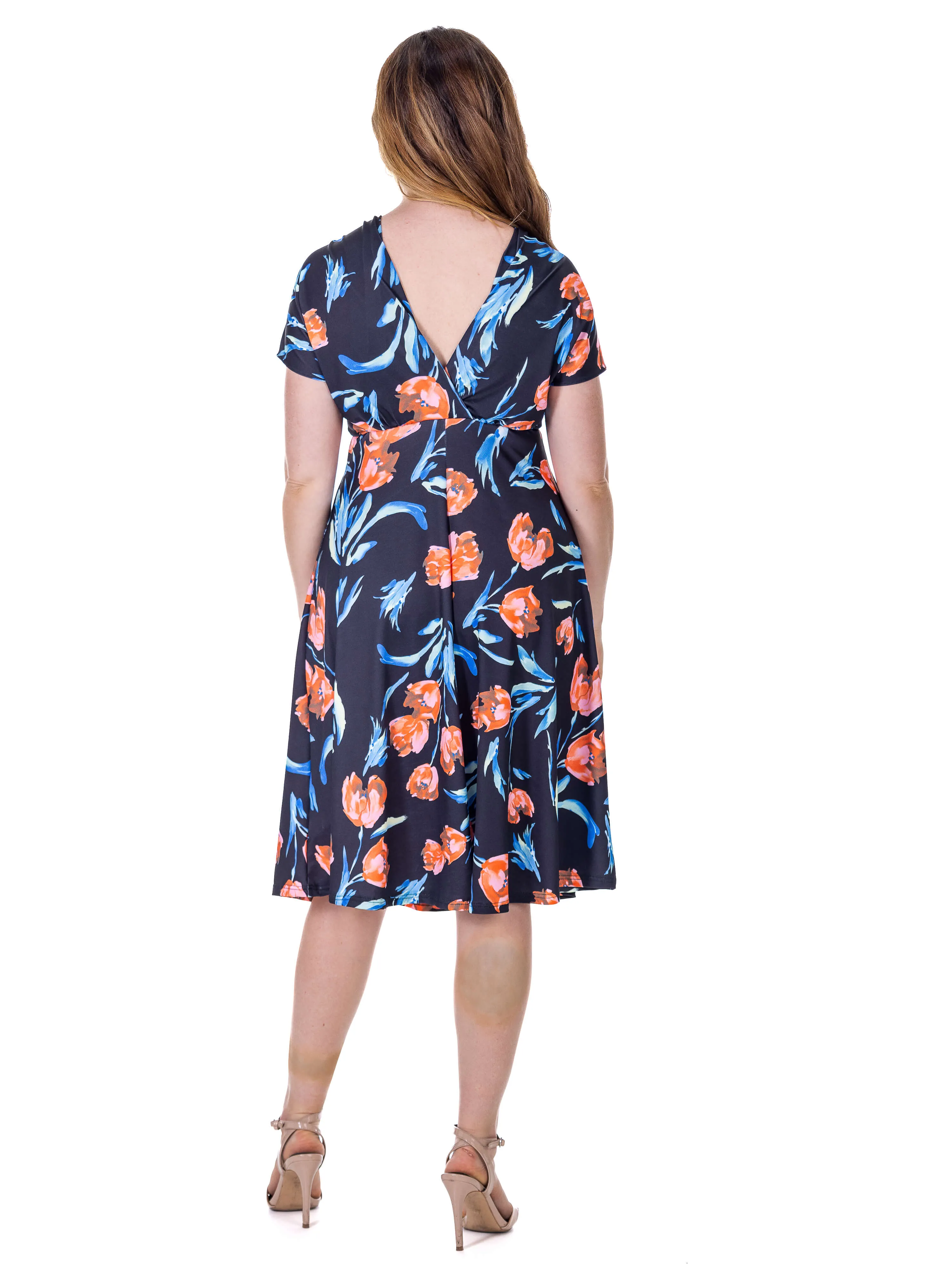 Womens Tulip Print V Neck Empire Waist Kimono Cap Sleeve Knee Length Dress