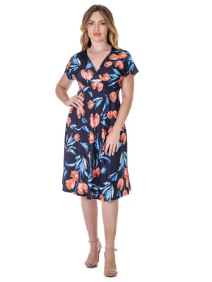 Womens Tulip Print V Neck Empire Waist Kimono Cap Sleeve Knee Length Dress