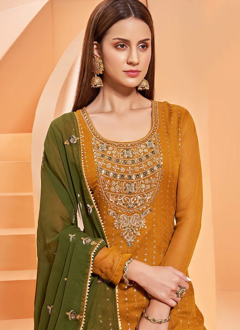 Yellow And Green Georgette Palazzo Suit