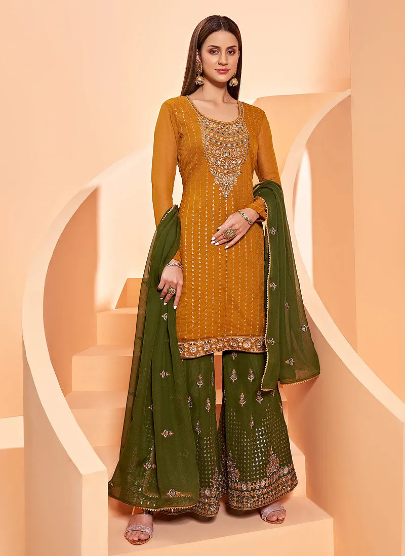 Yellow And Green Georgette Palazzo Suit