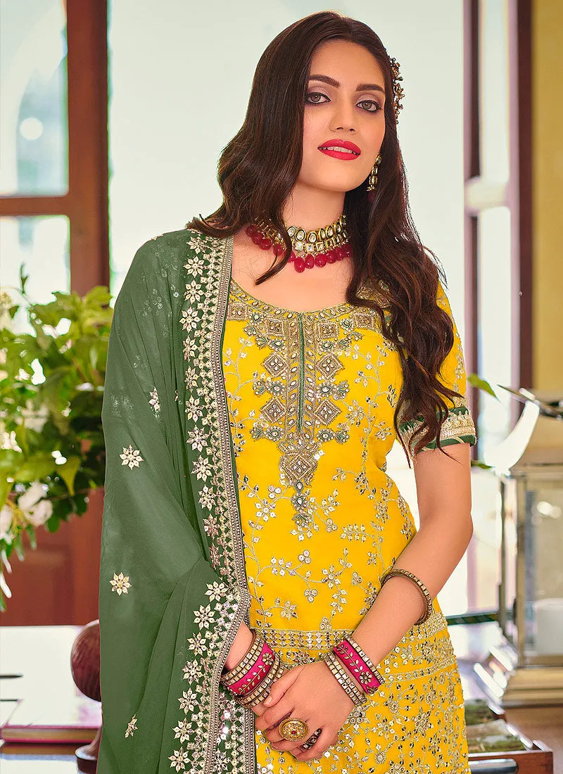 Yellow And Green Golden Embroidered Wedding Sharara Suit