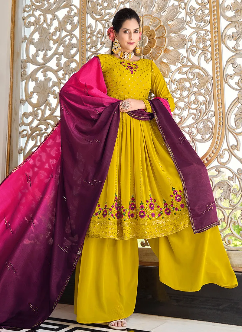 Yellow And Purple Multi Embroidery Anarkali Palazzo Suit