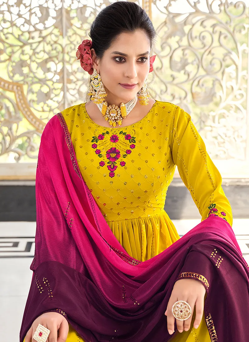 Yellow And Purple Multi Embroidery Anarkali Palazzo Suit