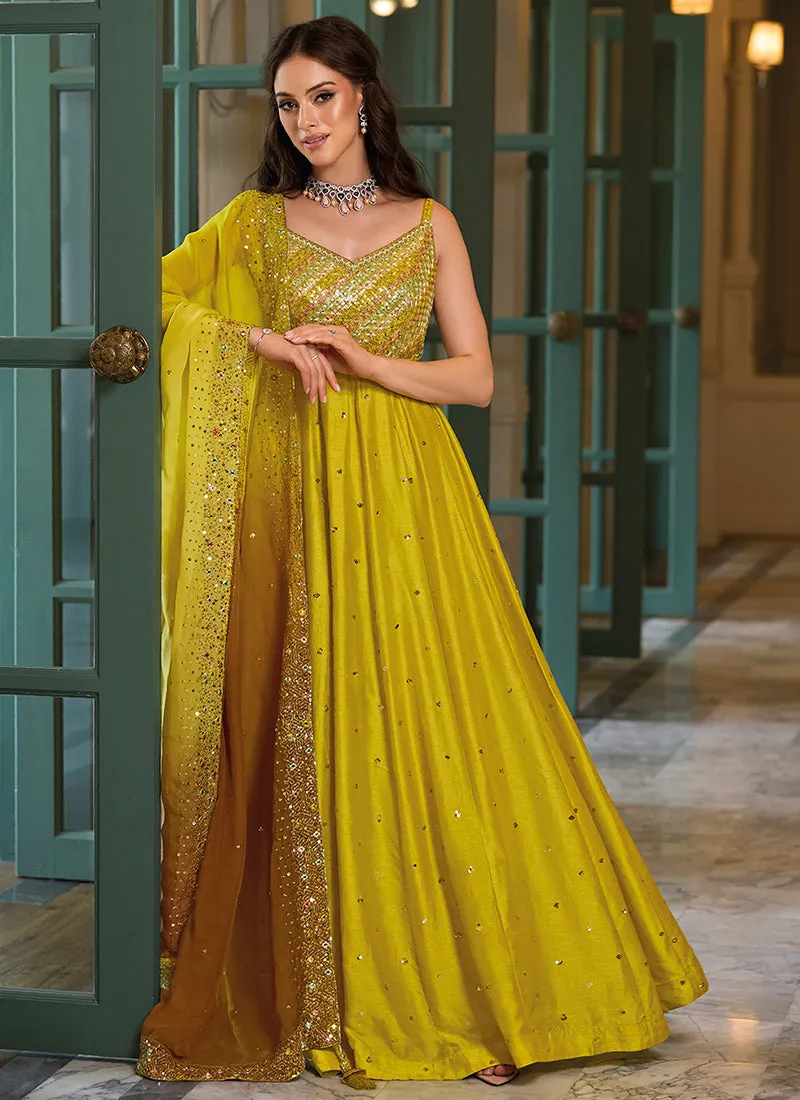 Yellow Brown Embroidered Anarkali Suit