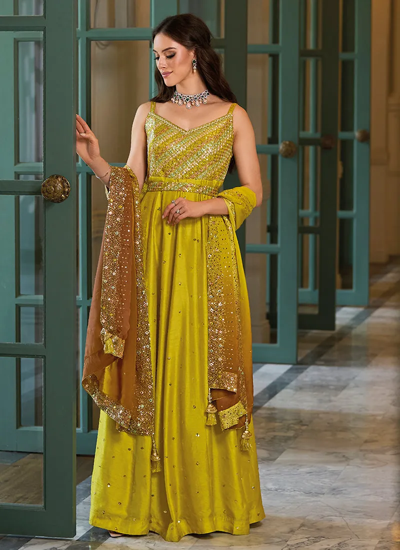 Yellow Brown Embroidered Anarkali Suit