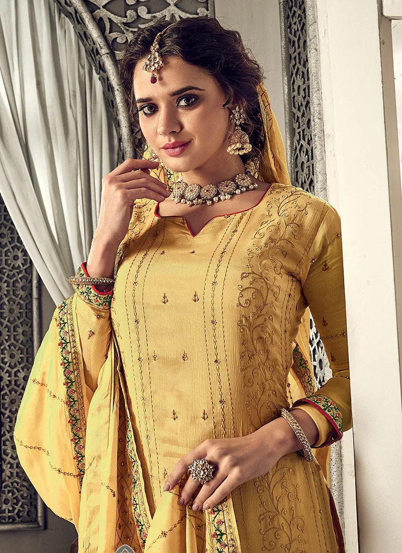 Yellow Embroidered Designer Palazzo Suit