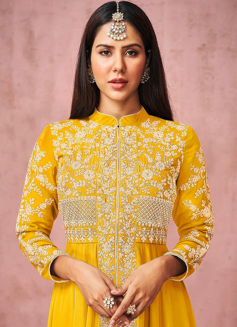 Yellow Embroidered Slit Style Anarkali Pant Suit