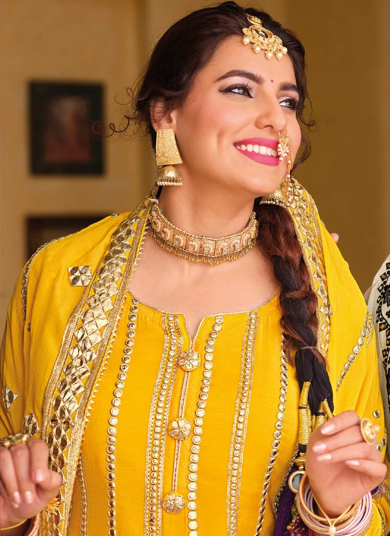 Yellow Golden Embroidered Sharara Suit