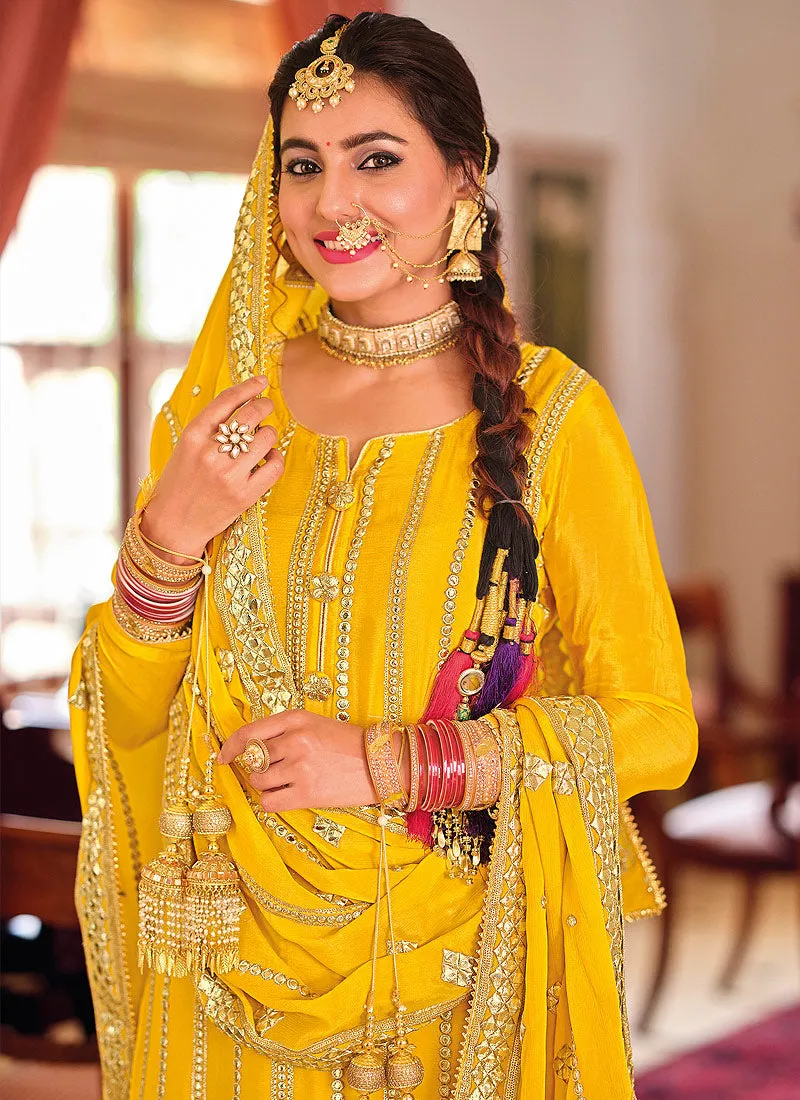 Yellow Golden Embroidered Sharara Suit