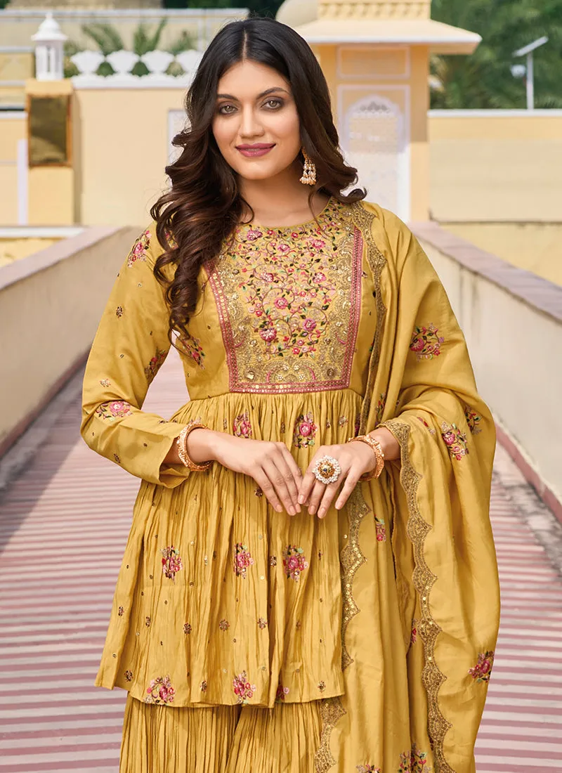 Yellow Multi Embroidered Designer Gharara Suit