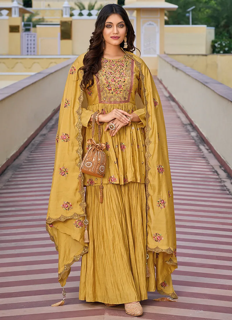 Yellow Multi Embroidered Designer Gharara Suit