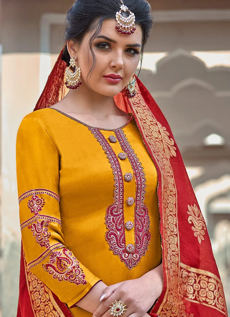 Yellow Sober Embroidered With Banarasi Dupatta Pant Suit